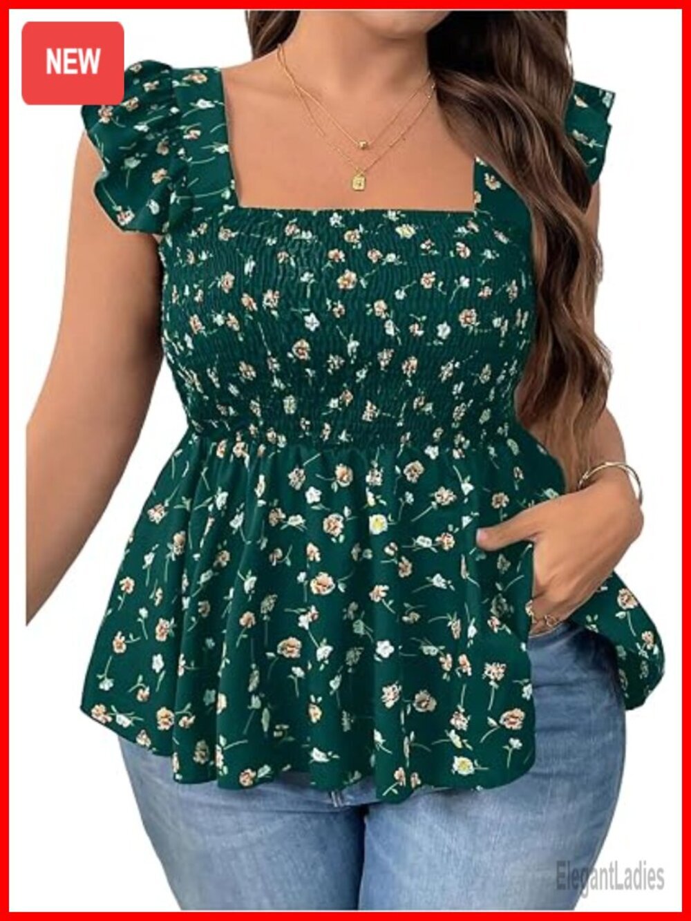 Plus Size Floral Peplum Tank Top Smocked Square Neck Ruffle Sleeveless
